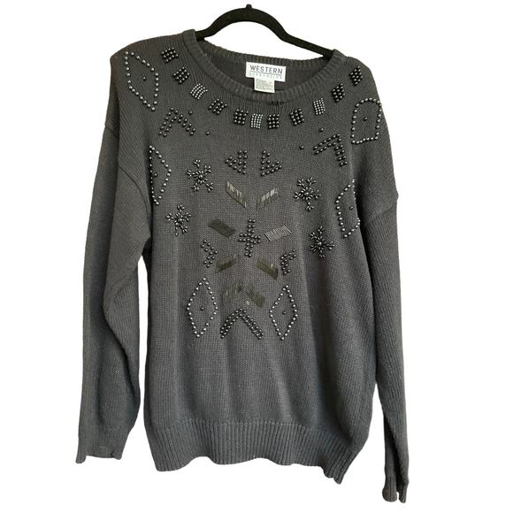 Vintage 80s Western Connection Large Black Beaded Knit Sweater, Relaxed Fit - Picture 1 of 6